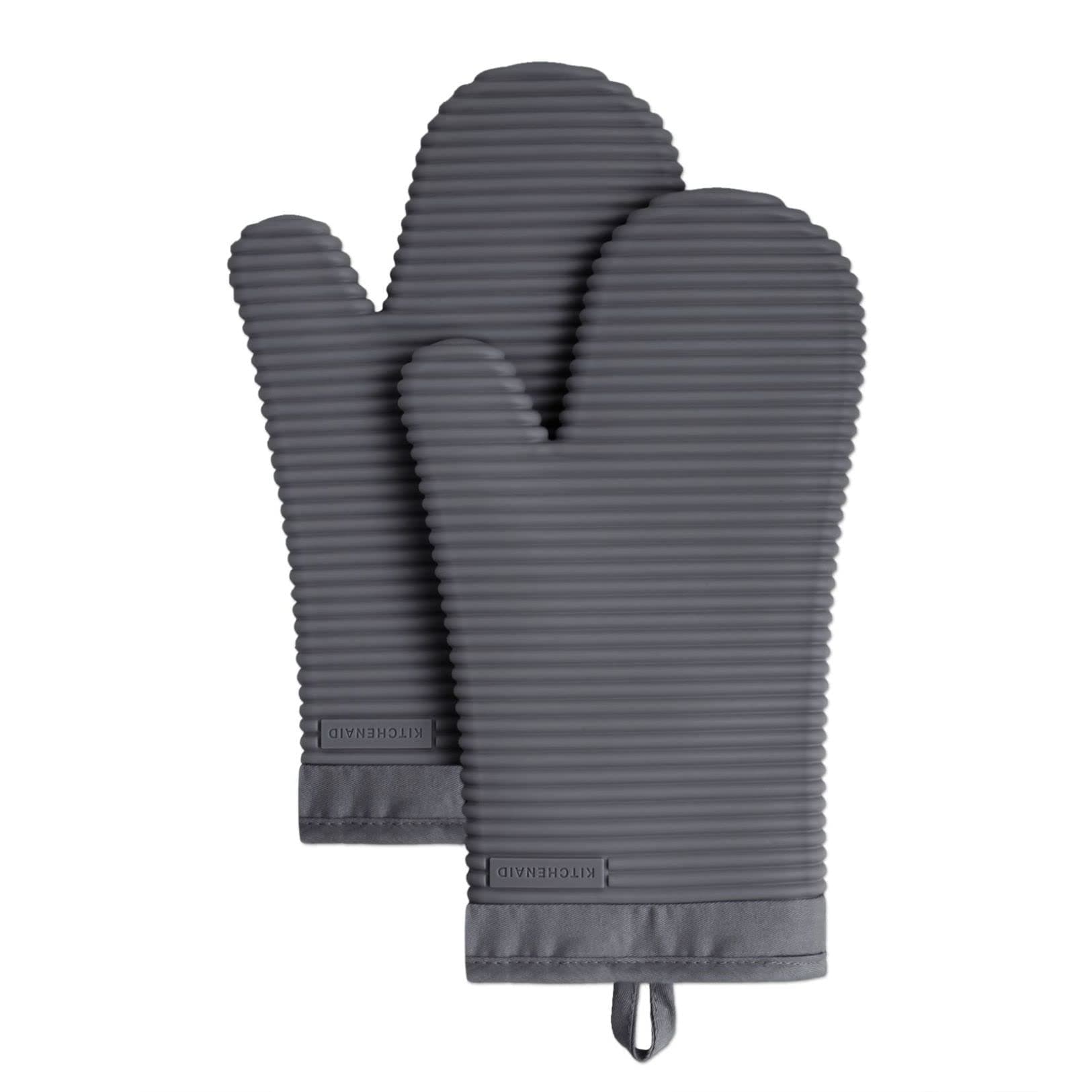 KITCHENAID Ribbed Soft Silicone Oven Mitt 2-Pack Set, 7.5"x13", Charcoal Grey