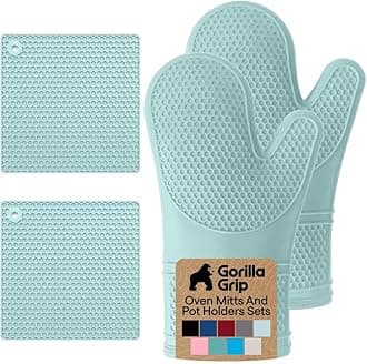 GORILLA GRIP BPA-Free Soft Silicone Oven Mitts and Pot Holders Sets of 4, Heat Resistant Waterproof Cooking Gloves, Thick Cotton Lining, Flexible Gripping for Baking Grilling, Kitchen Trivets, Mint