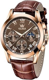 OLEVS Watches for Men Brown Leather Gold Case Analog Quartz Fashion Business Dress Watch Day Date Luminous Waterproof Casual Male Wrist Watches