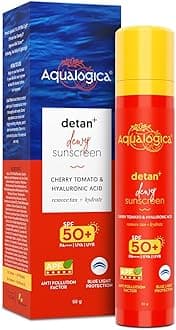 Detan+ Dwey Sunscreen SPF 50+ PA++++ with APF | Broad Spectrum Sun, Blue Light & Pollution Protection with Glycolic & Hyaluronic Acid, No White Cast, Lightweight & Quck Absorbing, 50g