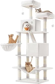 Cat Tree, 168 cm Large Cat Tower Condo with 13 Scratching Posts, 1 Scratching Ramp, 2 Perches, 2 Caves, Basket, Hammock, Pompoms, Cream White PCT165T01V1