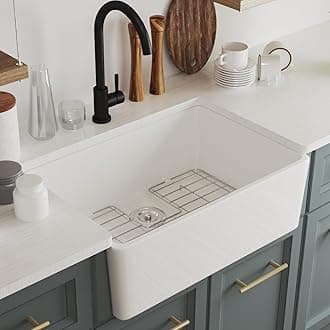 DeerValley White Farmhouse Sink 24 inch, Ceramic Undermount Farm Kitchen Sink, Fireclay Single Bowl Apron Front Deep Drop-in Sink with Bottom Grid & Strainer