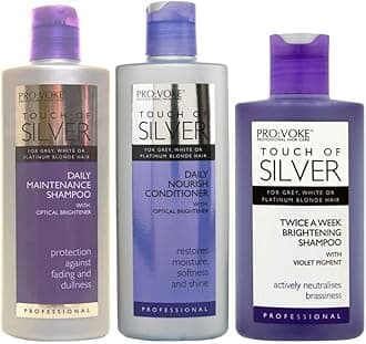 Set of 3 Touch Of Silver products: Silver Daily Maintenance shampoo, 200 ml, Daily Nourish conditioner, 200 ml, and Twice A Week Brightening shampoo, 150 ml, by ProVoke