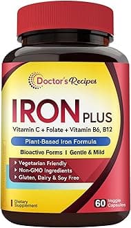 Iron Supplement for Women Men - Gentle Iron Bisglycinate with Vitamin C, B6, Folate & B12, Stomach Friendly Iron Pills, 60 Vegan Caps