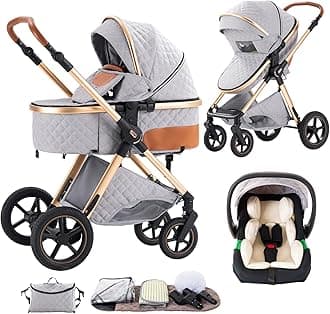 3 in 1 Baby Stroller with Height Adjustable Handle,3 in 1 Prams Travel System, Lightweight Foldable Pushchair, Prams with Aluminum Frame for Portable Baby Carriage