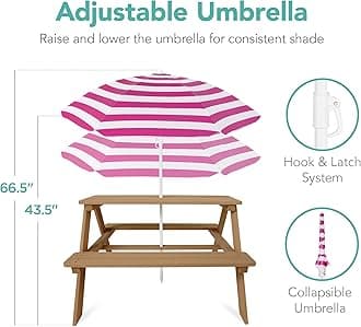 Best Choice Products Kids Wooden Picnic Table, Outdoor Activity & Dining Table w/Adjustable Collapsible Umbrella, Built-in Seats - Natural/Dark Pink