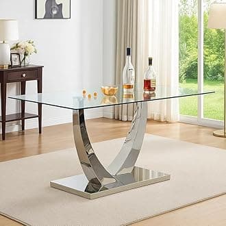 63” Glass Dining Table, Dining Room Table for 4-6, Silver Chrome Kitchen Table for Dining Room,0.4 Thickened Tempered Glass Top with Stable Rectangular Base