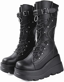 Gothniero High Platform Knee Boots Chunky Heel Wedge Black Boots For Women Combat Goth Punk Motorcycle Booties Zip up With Metal Buckles Size5-11