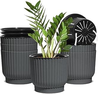 T4U 6 Inch Self Watering Pots for Indoor Plants, 6 Pack Plant Pots, Self Watering Planter for Indoor Plants, Durable Plastic Pots, Flower, Succulents (6 Pack, 6", Gray)