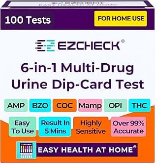 [100 Pack] EZCHECK® 6-Panel Drug Test - at-Home Rapid Urine Screening Kit for 6 Most Used Drugs: (THC-Marijuana, BZO-Benzos, MET-Meth, OPI/MOP-Opiates, AMP-Amphetamine, COC) - FSA/HSA Eligible