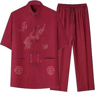 Cambkatl Men's Dragon Embroidered Tang Suit Chinese Traditional Mandarin Collar Kung Fu Shirts Short Sleeve Tai Chi Outfits