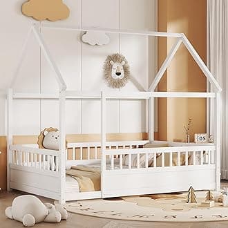 Full Size House Bed with High Fence for Kids,Full Floor Bed Frame, Kids Montessori Bed Full Size,Solid Wood House Bed Frame for Boys,Girls,White