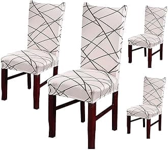 StyleysStyleys Polyester Printed Washable Elastic Dining Chair Cover Slipcovers (Set of 4 Beige Line, SD110A)