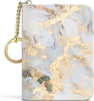 Credit Card Holder for Women, Small RFID Wallet Slim Leather Card Organizer Case with Zipper and Keychain, Grey Marble