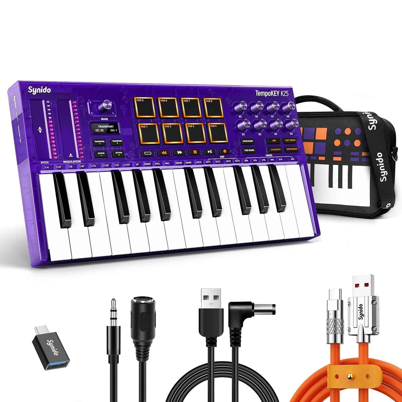 Synido 25 Key USB MIDI Keyboard Controller with Drum Pads, Professional Mini Midi Keyboard with OLED Screen, Beat Maker Machine for Music Production, Purple, TempoKEY K25