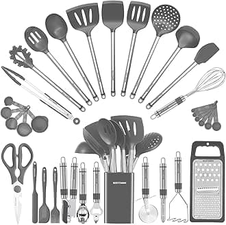 Kitchen Utensil Set-Silicone Cooking Utensils-33 Kitchen Gadgets & Spoons for Nonstick Cookware-Silicone and Stainless Steel Spatula Set-Best Kitchen Tools, Useful Pots (Grey)