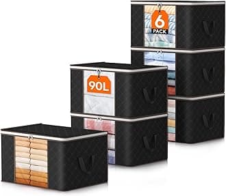 Lifewit 90L Large Storage Bags, 6 Pack Closet Organizers and Storage, Clothes Foldable Storage Bins with Reinforced Handles, Storage Containers for Clothing, Blanket, Comforters, Bedding, Black