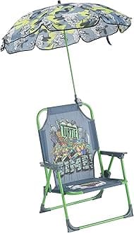 Idea Nuova Teenage Mutant Ninja Turtles Kids Outdoor Folding Beach Chair with Umbrella,Portable Camp Chair for Ages 3+, Lightweight & Compact for Beach, Camping, and Backyard