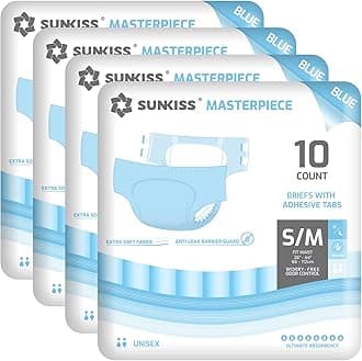 SUNKISS Masterpiece Adult Diapers with Tabs, Unisex Disposable Incontinence Briefs for Women and Men, Odor Control, Blue, S/M, 40 Count