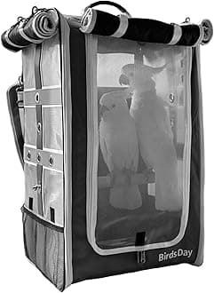 Cockatoo Carrier Backpack-Parrot Travel Cage with Wooden Perch and Food Bowl, Stainless Steel Tray (Charcoal Gray, Cockatoo & Similar)