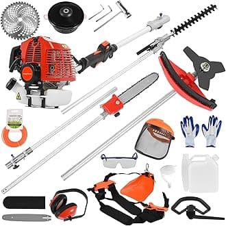 Gas Powered Hedge Trimmers, 52cc 5 in 1 Cordless Brush Cutter String Trimmer Hedge Trimmer Tree Cutter Pruner Pole Saw Hedge Trimmers with Full Functioning Guard Accessories Red