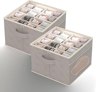 Shoe Organizer for Closet- Fits 16-32 Pairs, Large Foldable Shoe Storage with Clear Cover, Beige Adjustable Dividers Shoe Containers with Mesh Pockets and Pull Handles (Beige-2pack)