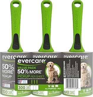 Evercare Pet Hair Lint Rollers All Purpose Use 100 Easy-Tear Sheets Per Roll Reusable Sticky Roller Pets Cat & Dog Hair Remover Contoured Handle For Furniture Clothing & Cars, Set of 3, Green