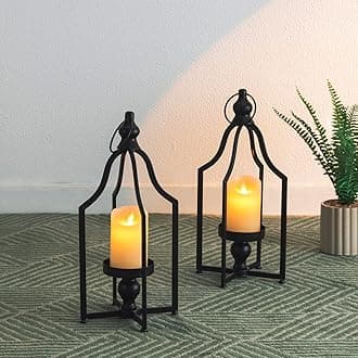 Glitzhome Modern Farmhouse Lantern Decor- Metal Candle Lanterns for Christmas- Decorative Lanterns for Living Room,Home,Indoor, Outdoor,Table,Fireplace Mantle Decor Black Small Set of 2