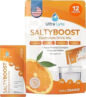 Ultra Lyte SaltyBoost Drink Mix - 12 Sachets - Sugar-Free Salty Orange Electrolytes Powder with High Sodium, Trace Minerals and Coconut Water - Hydration for Fitness, Rehydration, and Wellness
