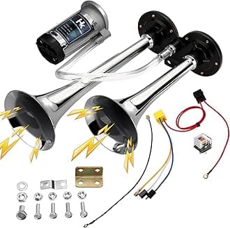 HK 12V 150db Air Horn Kit for Truck Car, Super Loud Train Horn for Truck, Dual Trumpet Air Horns with Compressor for Any 12V Vehicles Trucks Motorcycle Pickup Trains Cars Boats (Silver)