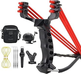 Obert Fishing Reel Slingshot Catapult with Hunting Fish Fishing Broadheads Wristband with Rubber Bands with Slingshot Bag