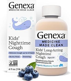Clean Kids' Long-Acting Nighttime Cough Medicine, Dye Free, 0% Artificial Additives, Children’s Cough Suppressant, Relief for Runny Nose & Sneezing, Ages 6+, Organic Blueberry Flavor, 4 fl oz