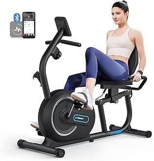 Fitness Bike, Recumbent Bike, MERACH Recumbent Bike, App Linked, Magnetic, 8 Level Load Adjustment, Silent, Recumbent Bike, Elderly, Heart Rate Measurement, Wide Saddle with Backrest, Easy Assembly