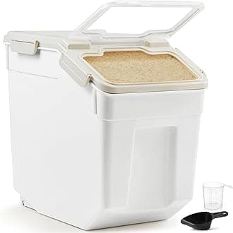 ABOUT SPACE Rice Container 25kg - Airtight Rice Storage Container with Measuring Cup & Rice Shovel - Rice Barrel Dispenser-Moisture Proof Kitchen Organiser for Cereals,Pulses&Pet Food- Grey, Plastic