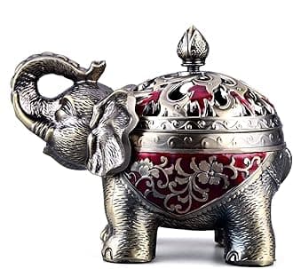 K COOL Metal Backflow Incense Holder Elephant Cone Incense Burner Candle Holder with Lid, Aromatherapy Ornament Home Office Decoration for Indoor Outdoor (Red)