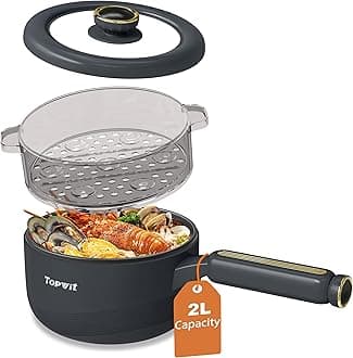 TOPWIT Hot Pot Electric with Steamer, 2L Multifunctional Electric Cooker, Non-Stick Sauté Pan, Portable Pot for Steak, Fried Rice, Ramen, Soup with Dual Power Control (Spatula Not Included), Grey