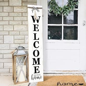 MODE HOME Large Vertical Welcome Sign for Front Door Porch, 47x10 Inch Solid Wood Farmhouse Porch Decor, 3D Raised Letters Rustic Welcome to Our Home Sign with Beads & Bow, No Assembly Required, Whitewashed