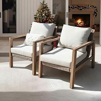 Idzo Olivier Eucalyptus Outdoor Club Chairs Set of 2, 400lbs Heavy Duty Wood Patio Furniture Set, Ergonomic Slanted Backrest Design, 4.5in Thick Cushion