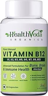 Health Veda Organics Plant Based Vitamin B12 Supplement with Moringa | B1, B2, B3, B5, B6, B7 & B9 | Boosts Energy, Brain, Nerve & Heart Health | 60 Veg Capsules