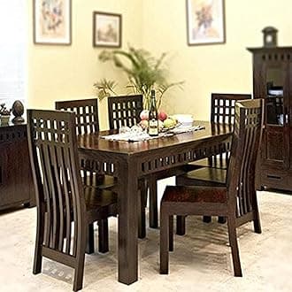 Solid Sheesham Wood Rectangle Dining Table 6 Seater | Six Seater Dinning Table with 6 Chairs for Home | Wooden Dinner Table Dining Room Sets for Restaurants | Walnut Finish