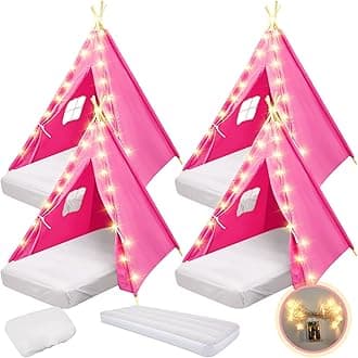 4 Set Kids Teepee Tent Bulk with Light String & Inflatable Airbed & Bedding Fitted Sheet, Natural Cotton Toddler Play Tent Washable Foldable Tent for Girls Boys Indoor Outdoor (Rose Red)
