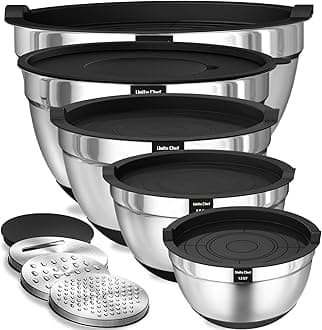 Mixing Bowls with Airtight Lids, 8PCS Stainless Steel Nesting Mixing Bowls Set, 3 Grater Attachments & Non-Slip Bottoms, Black Kitchen Bowls, Size 5, 4, 3.5, 2, 1.5QT for Baking & Serving