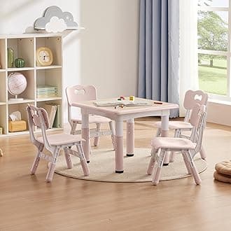 Kids Study Table and Chairs Set, Height Adjustable Toddler Table and Chair Set for Kids Ages 3-8, 23.6" L x 23.6" W Graffiti Desktop Plastic Children Art Table with 4 Seats, W-Pink