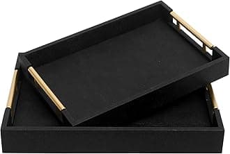 SwallowLiving Set of 2 Shagreen Serving Tray with Gold Polished Metal Handles Black Decorative Wood Tray PU Leather with Brushed Gold for Coffee Table Ottoman Console Table Decor