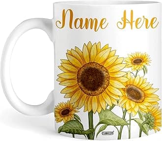 CUBICER Personalized White Ceramic Coffee Mug Mugs Sunflowers Novelty Travel Cups With Custom Name Colorful Floral Drinking Glass Birthday Gifts For Girls Women Kids Flower Lovers 11 and 15 oz