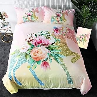 Sleepwish Kids Unicorn Bedding Unicorn Twin Comforter Cover Sets for Girls 3 Pieces Watercolor Pink Rose Duvet Cover Set 3D Pastel Glitter Unicorn Bed Set (Green)