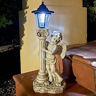 ALOAK Angel Statue with Solar Lights (Right) 19.7 Inch, Outdoor Solar Angel Garden Statue with Roma Pillar for Garden Lawn Deocr, Christian Religious Gift