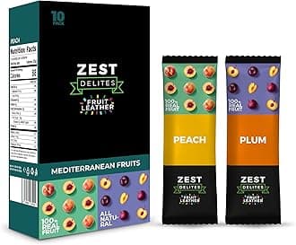 Fruit Snacks by Zest Delites, Dried Fruit Leather Bars, Healthy Snacks for Adults & Kids, Gluten Free Apple-Based Strips, Vegan, Peach, Plum, 0.88 oz x 10