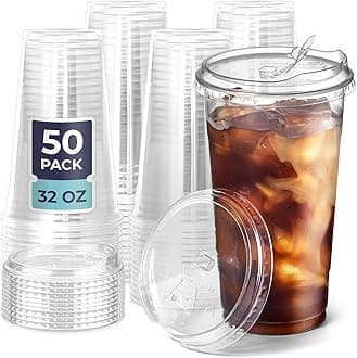 Fit Meal Prep 50 Pack 32 oz Clear Plastic Cups with Strawless Sip Lids, Disposable Plastic Coffee Cups with Lids, To Go Cups for Iced Coffee, Smoothies, Soda, Party Drinks, Bubble Tea, Cold Beverage