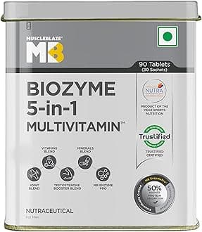 MuscleBlaze Biozyme Daily Multivitamin (90 Tablets) | 5-in-1 Supplement with Vitamins, Minerals, Joint, T-Booster Blend